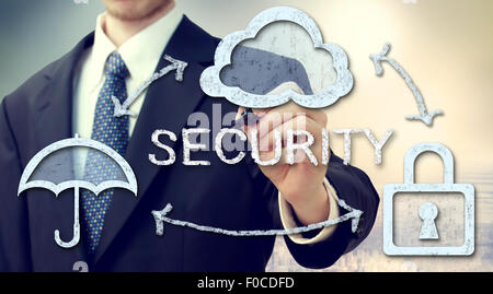 Secure online cloud computing concept with businessman Stock Photo