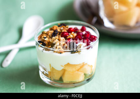 Homemade Granola with Greek yogurt and Cantaloupe Stock Photo