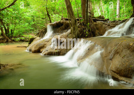 Huay Mae Kamin Waterfall in Khuean Srinagarindra National Park, Kanchanaburi Province Stock Photo