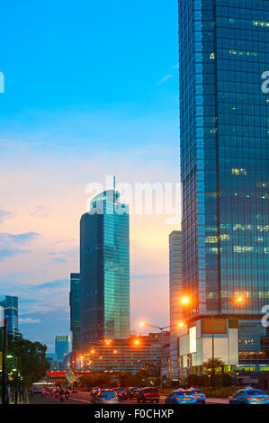 Traffic on the road of Jakarta Central at sunset. Indonesia Stock Photo