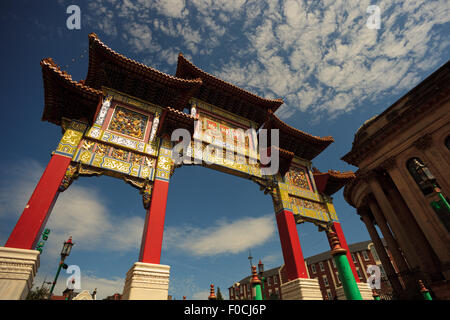 Chinatown Gate, on Nelson Street in Liverpool, is the largest, multiple-span arch of its kind outside China, Stock Photo