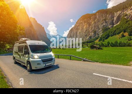 Class B Camper Van in European Jungfrau Region in Switzerland. Traveling in Camper Van. RVing in Europe. Stock Photo
