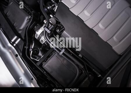 Modern Vehicle Engine Closeup Photo. Powerful Car Engine. Stock Photo