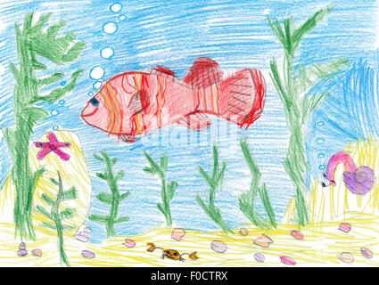 fish underwater. child drawing Stock Photo