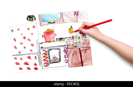 kitchen interior. children drawing. Stock Photo