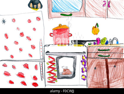 kitchen interior. children drawing. Stock Photo