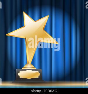 golden star award on blue curtain background Stock Vector