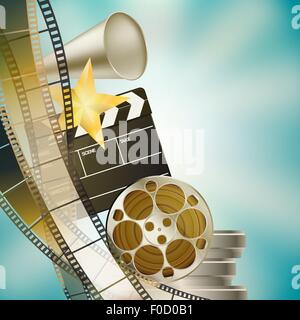 cinema blue background with retro filmstrip, clapper and stars left vertical border Stock Vector