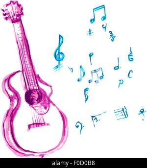 acoustic guitar made with watercolor strokes and musical notes Stock Vector