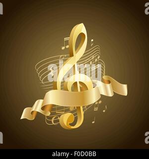 golden musical treble clef with abstract lines and notes, ribbon on brown background Stock Vector