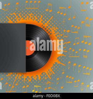 vinyl disk in blank cover envelope on stain with halftone and musical notes background Stock Vector
