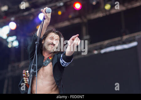 Budapest, Hungary. 12th Aug, 2015. Eugene Hutz, frontman of the US gypsy-punk band Gogol Bordello performs during the Sziget (Hungarian for 'Island') Festival on the Obuda Island in Budapest, Hungary, on August 12, 2015. The 23rd Sziget Festival held from Aug. 10 to 17 was one of the largest music festivals in Europe. Credit:  Attila Volgyi/Xinhua/Alamy Live News Stock Photo