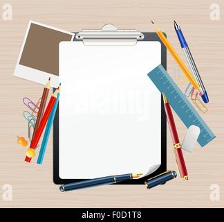 background with clipboard and office supplies Stock Vector