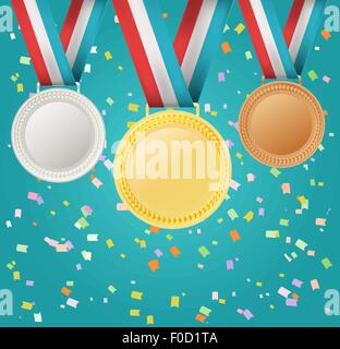 set of medals on confetti background Stock Vector