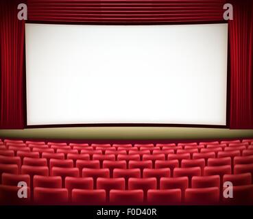 cinema theater background with red seats and red curtains Stock Vector