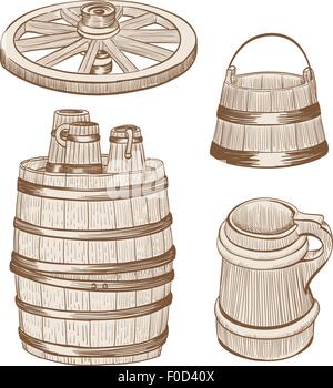 old wooden mugs, bucket, cart wheel, barrel drawing Stock Vector