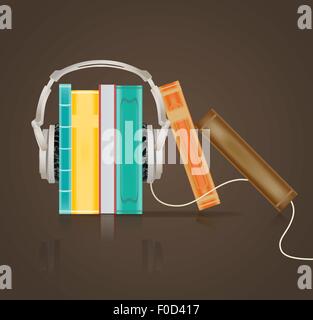 audio books concept with headphones on brown Stock Vector