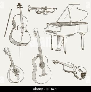 set of musical instruments drawings Stock Vector