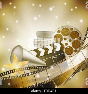 cinema background with retro filmstrip, clapper and stars Stock Vector