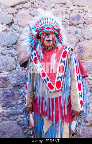 Native American with traditional costume participates at the festival of Valle del Maiz Stock Photo