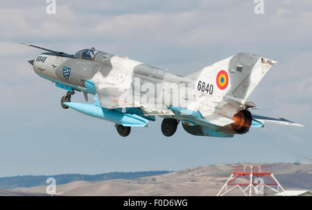 A Romanian Air Force MiG-21C taking off from Camp Turzii Air Base, Romania. Stock Photo