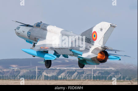 A Romanian Air Force MiG-21C taking off from Camp Turzii Air Base, Romania. Stock Photo