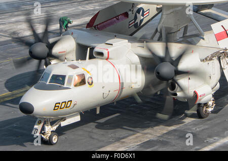 An E-2D Advanced Hawkeye assigned to the Tigertails of Carrier Airborne Early Warning Squadron 125 (VAW-125), aboard the Nimitz- Stock Photo
