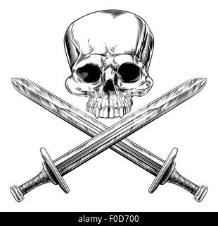 Skull and cross swords pirate sign in a vintage woodblock style Stock Photo