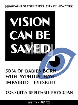 Vintage WPA poster featuring a giant eye. It reads: Department Of Correction City Of New York, Vision Can Be Saved, 50% Of Babie Stock Photo