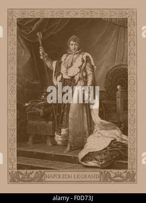 Napoleon Bonaparte in his coronation costume, sitting on his imperial throne. Stock Photo
