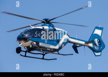French police/gendarmerie EC135 helicopter in flight over France. Stock Photo