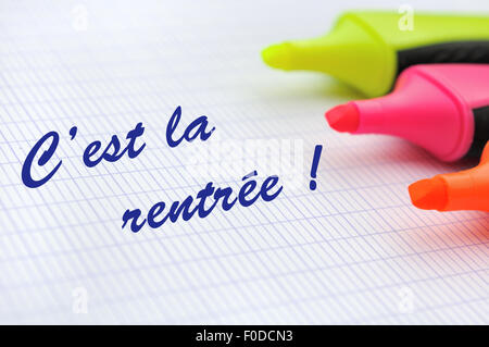 back to school in french with  highlighters on a white background Stock Photo
