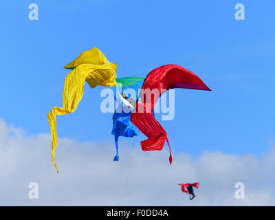 Colorful kite on a sunny day in blue cloudy skies Stock Photo