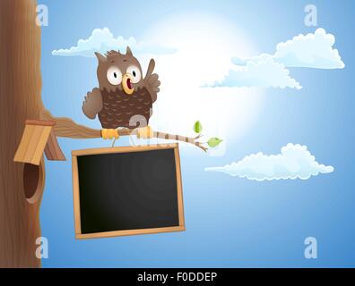 cartoon cute owl sitting on branch and a chalkboard. vector illustration Stock Vector