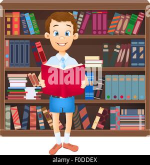 school boy reading a book and library. vector illustration Stock Vector