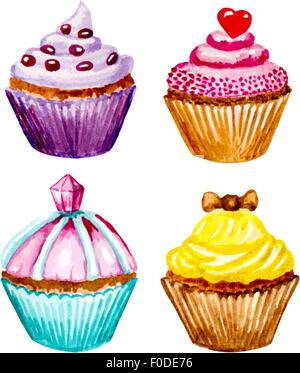 set of cupcakes with cream. vectorized watercolor illustration Stock Vector