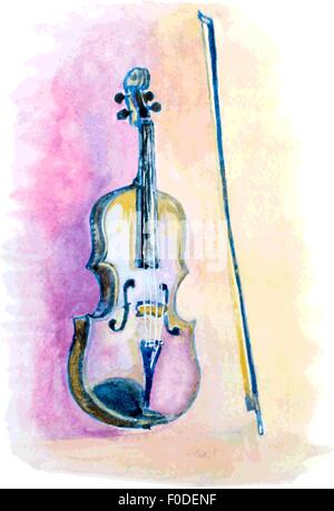 watercolor hand drawn violin and a bow. vector illustration Stock Vector