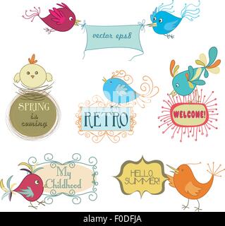 set of cute childish birds and stylish frames with slogans. vector illustration Stock Vector