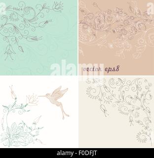 set of abstract background with floral ornaments, line-art style, hummingbird. vector illustration Stock Vector