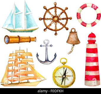set of nautical symbols. watercolor hand drawn vector illustration. lighthouse, compass, sailboats, anchor, telescope, helm and Stock Vector