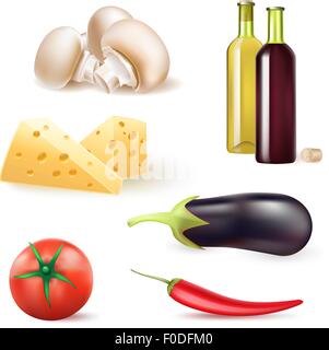 set of vegetables and food ingredients with wine bottles. vector illustration. Stock Vector
