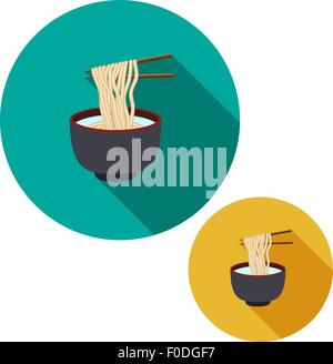 Set of noodle in soup bowl are holding with chopsticks in flat icon style with long shadow Stock Vector