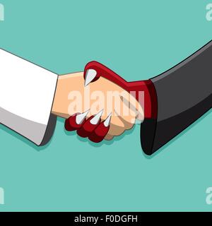 Saint and demon handshake ,Peace time, Friendship in different race , No enemy in business. End of war, Partnership,corruption Stock Vector