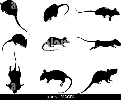 Set of black silhouette rat icon, isolated vector on white background Stock Vector