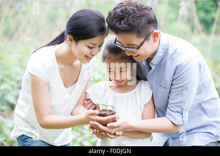 Young family holding a seedling together Stock Photo