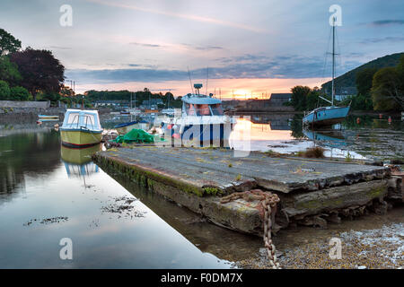 Sunrise over boats moored at Millbrook lake on the river Tamar in Cornwall Stock Photo