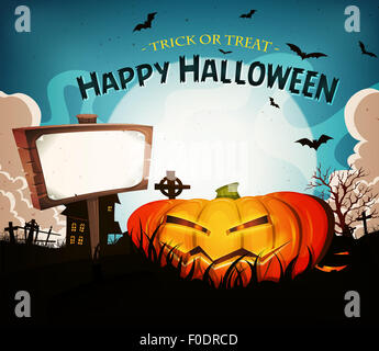 Illustration of a cartoon funny halloween holidays spooky horror landscape, with wicked pumpkin and blank wood sign Stock Photo