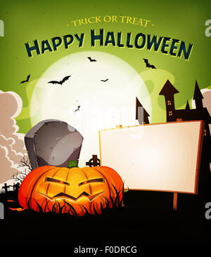 Illustration of a cartoon funny halloween holidays spooky horror landscape, with wicked pumpkin and blank wood sign Stock Photo