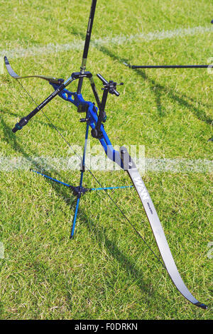 Recurve bow close-up resting on stand during competition Stock Photo