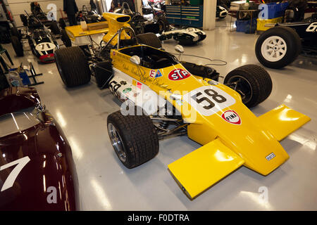 A 1972 March 721G Formula 1 Car in the National Paddock Garage, at the Silverstone Classic 2015 Stock Photo